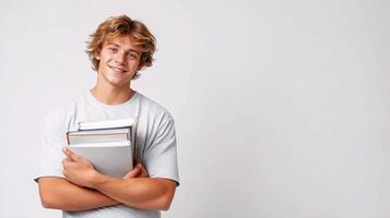 A young man is holding a stack of books photo