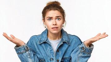 A woman in a denim jacket is holding her hands up photo