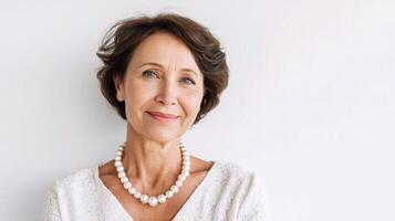 A woman with a white shirt and pearls photo