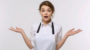 A woman in an apron is holding something up photo