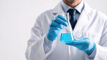 A man in a lab coat holding a blue liquid photo