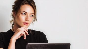 A woman sitting in front of a laptop computer photo