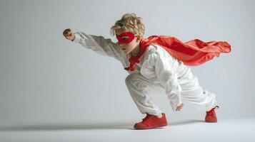 A young boy in a white suit and red cape photo