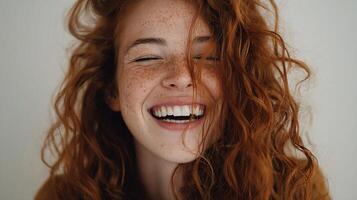 A woman with red hair laughing photo