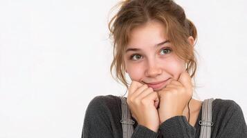 A young woman is smiling and holding her hand to her face photo