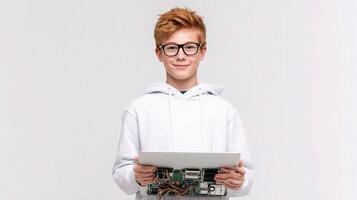 A boy in glasses holding a laptop computer photo