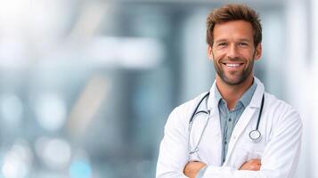 A smiling male doctor standing in front of a hospital photo