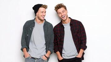 Two young men are smiling and standing next to each other photo
