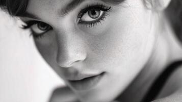 A black and white photo of a woman with freckles