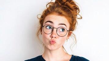 A woman with glasses making a funny face photo