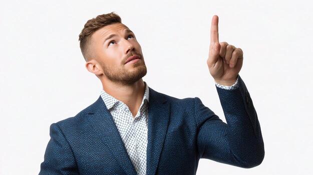 A man in a suit pointing up at something photo
