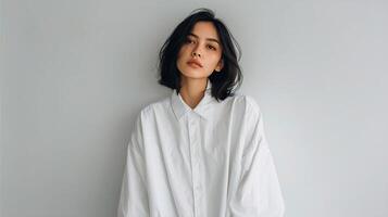 A woman wearing a white shirt and jeans photo