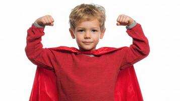 A young boy in a red shirt and cape photo