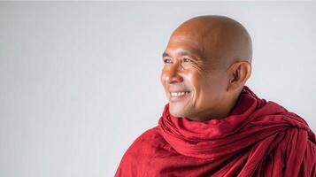 A monk smiling with a red scarf photo