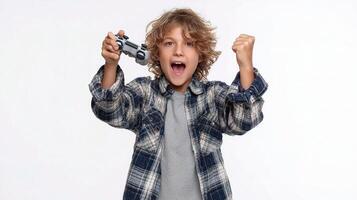A young boy holding a remote control in his hand photo