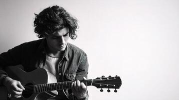 A man with curly hair playing an acoustic guitar photo