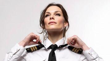 A woman in a pilot uniform adjusting her tie photo
