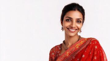 A woman in a red sari smiling photo
