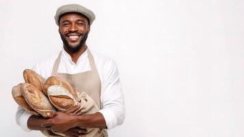 A smiling black man holding bread photo