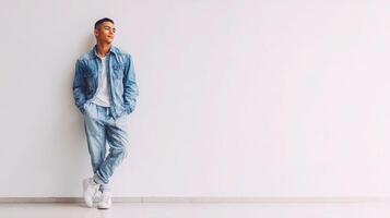 A man in a denim jacket and white sneakers stands against a wall photo