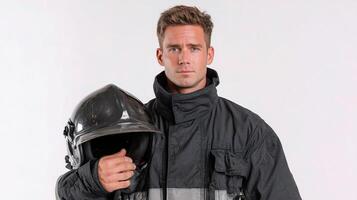 A man in a firefighter uniform holding a helmet photo