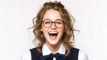 A girl wearing glasses and a vest photo