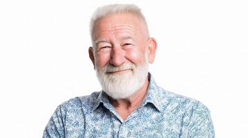 An older man with a white beard and blue shirt photo