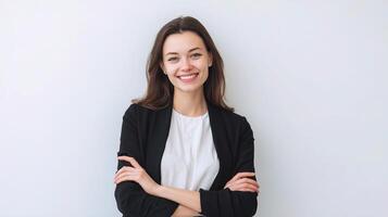 Portrait of a smiling business woman standing against a white background photo