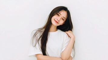 A woman with long hair and a white t - shirt photo
