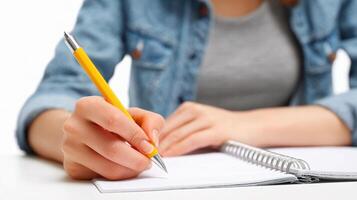 A woman is writing in a notebook with a yellow pen photo