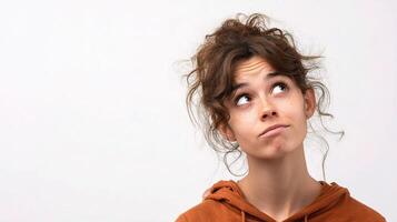 A woman with a brown hoodie looking up photo