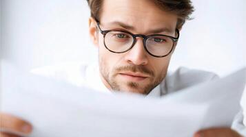 A man in glasses is looking at a piece of paper photo