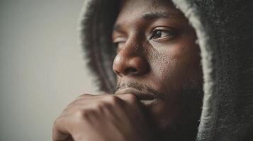 A man in a hoodie looking into the distance photo