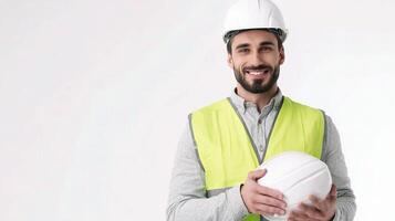 A man in a hard hat holding a white ball photo