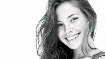 A woman smiling with her hair blowing in the wind photo