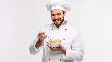 A man in a chef hat holding a bowl of soup photo