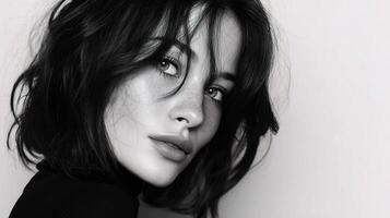 A black and white photo of a woman with a short hair