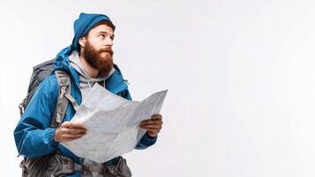 Man with backpack holding map and looking at it photo
