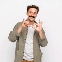 A man with a mustache and jacket making an ok sign photo