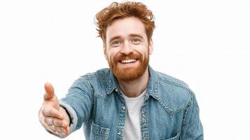 A man with a red beard and a denim shirt is giving a thumbs up photo