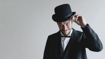 A man in a top hat and jacket is holding his hat photo