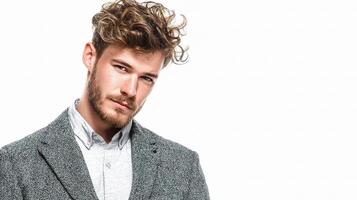 A man with curly hair in a suit jacket photo