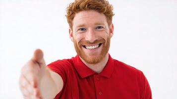 A man with red hair and a red shirt is smiling photo