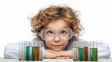 A young boy wearing goggles and holding test tubes photo