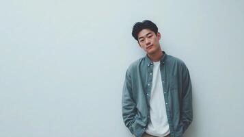 Young man standing against a white wall photo