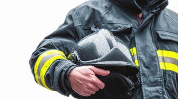 A firefighter holding a helmet and a fireman's jacket photo