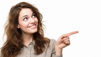 A woman pointing to something on a white background photo