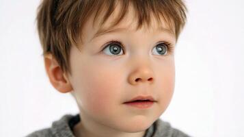 A young boy with blue eyes looking up photo