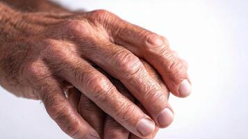 An older man's hands are holding onto a white surface photo