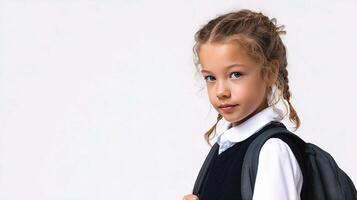 A young girl with a backpack and a school uniform photo